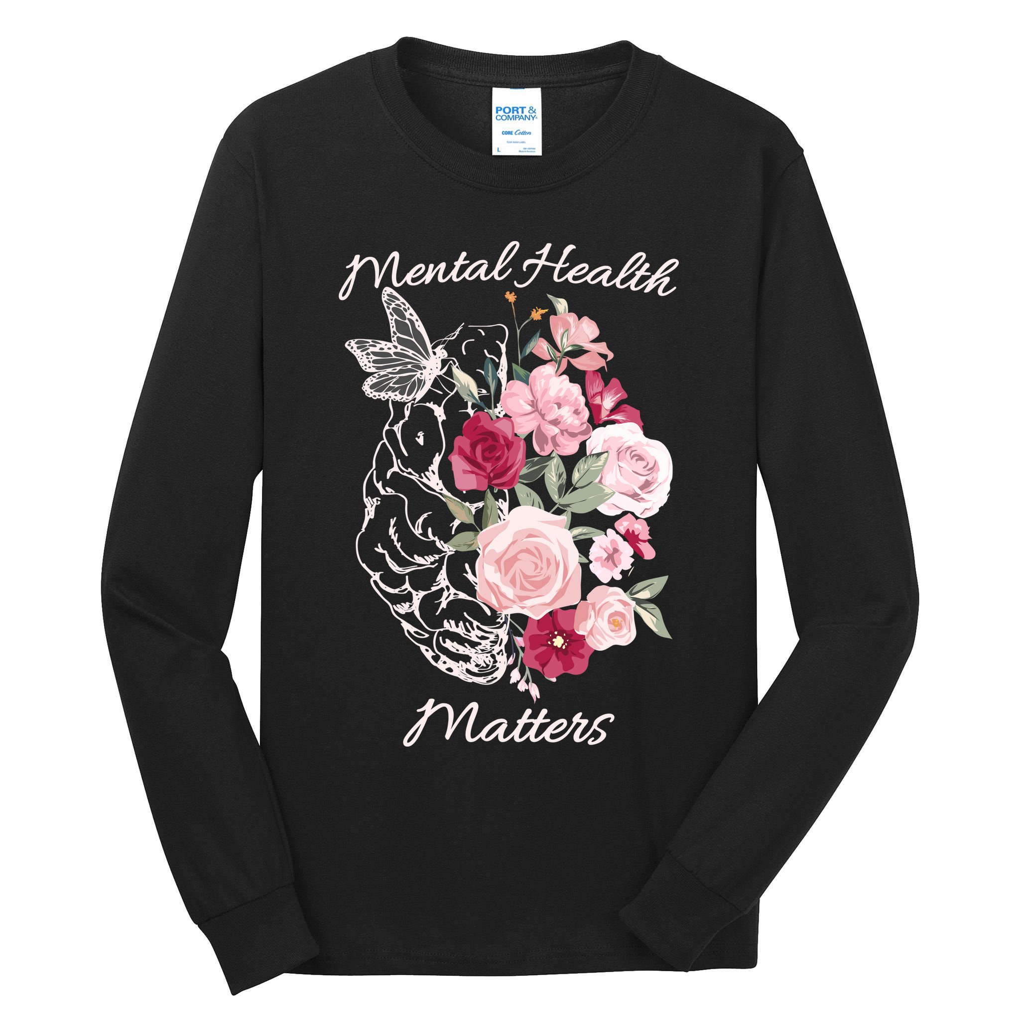 Mental Health Matters Hand Drawn Flowers Brain Awareness Month Tall Long Sleeve T-Shirt