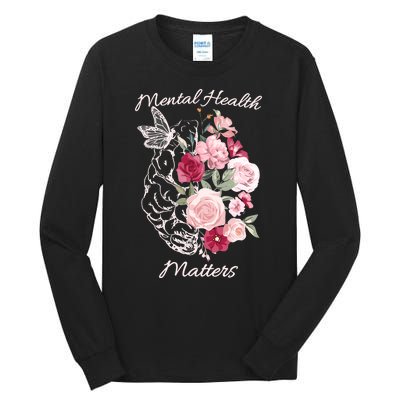 Mental Health Matters Hand Drawn Flowers Brain Awareness Month Tall Long Sleeve T-Shirt