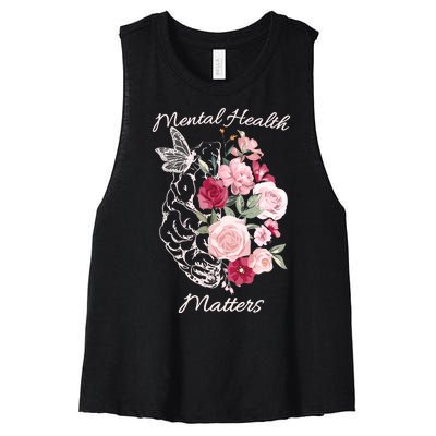 Mental Health Matters Hand Drawn Flowers Brain Awareness Month Women's Racerback Cropped Tank