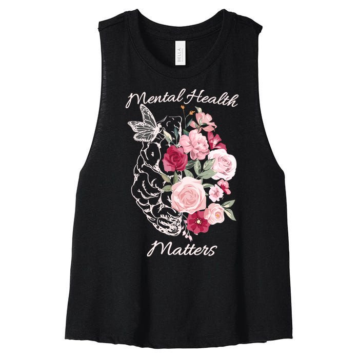 Mental Health Matters Hand Drawn Flowers Brain Awareness Month Women's Racerback Cropped Tank