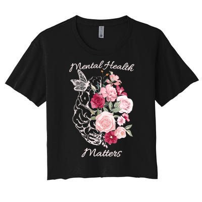 Mental Health Matters Hand Drawn Flowers Brain Awareness Month Women's Crop Top Tee