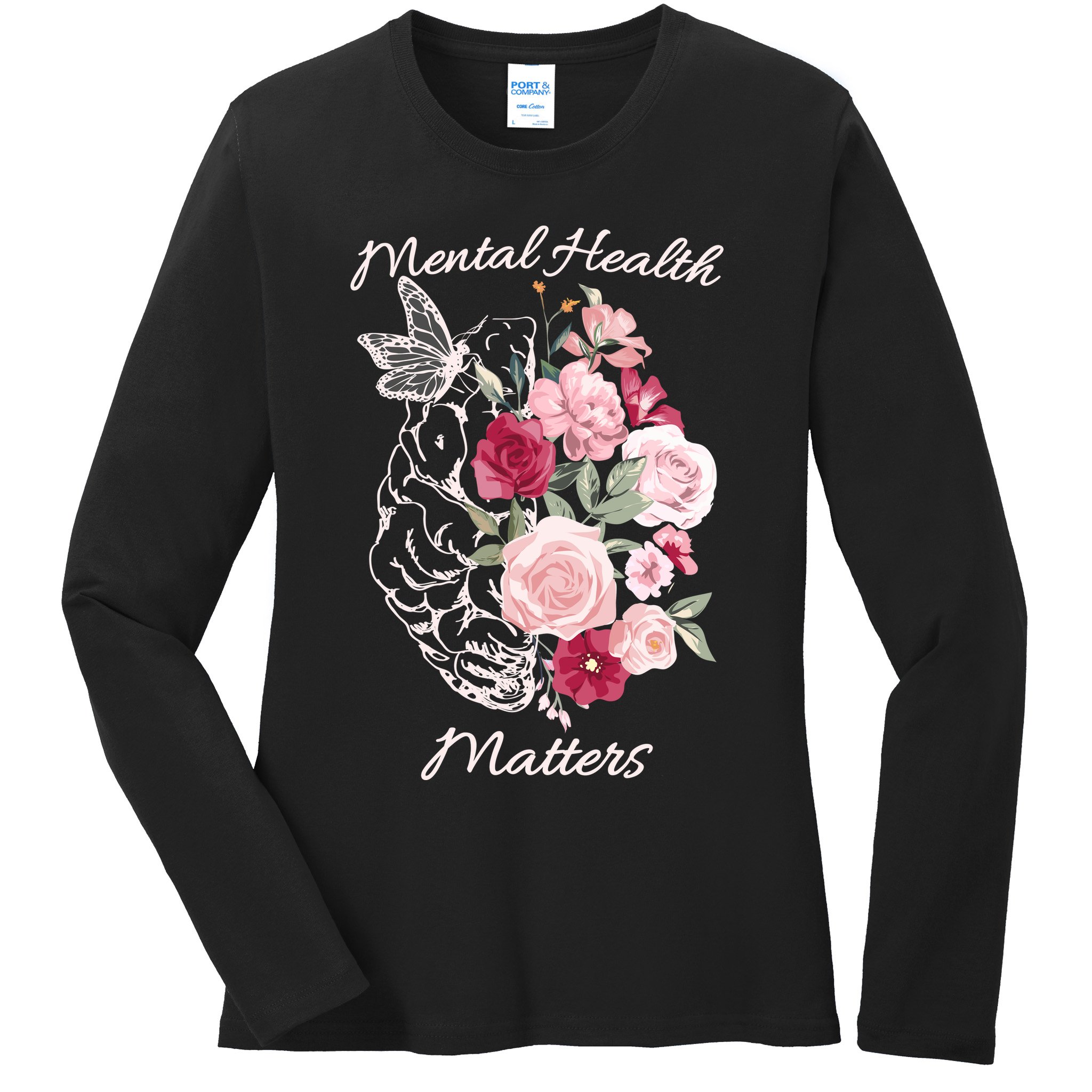 Mental Health Matters Hand Drawn Flowers Brain Awareness Month Ladies Long Sleeve Shirt