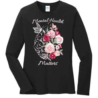 Mental Health Matters Hand Drawn Flowers Brain Awareness Month Ladies Long Sleeve Shirt