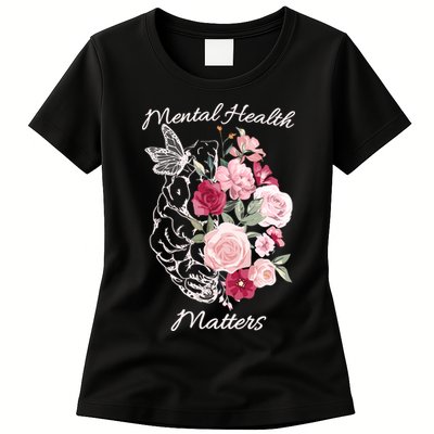 Mental Health Matters Hand Drawn Flowers Brain Awareness Month Womens T-Shirt