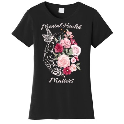 Mental Health Matters Hand Drawn Flowers Brain Awareness Month Women's T-Shirt