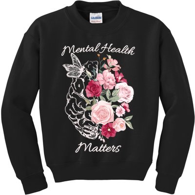Mental Health Matters Hand Drawn Flowers Brain Awareness Month Kids Sweatshirt