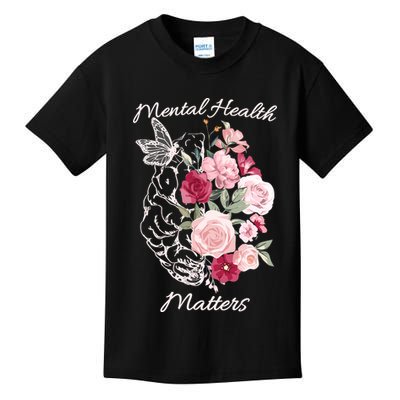 Mental Health Matters Hand Drawn Flowers Brain Awareness Month Kids T-Shirt