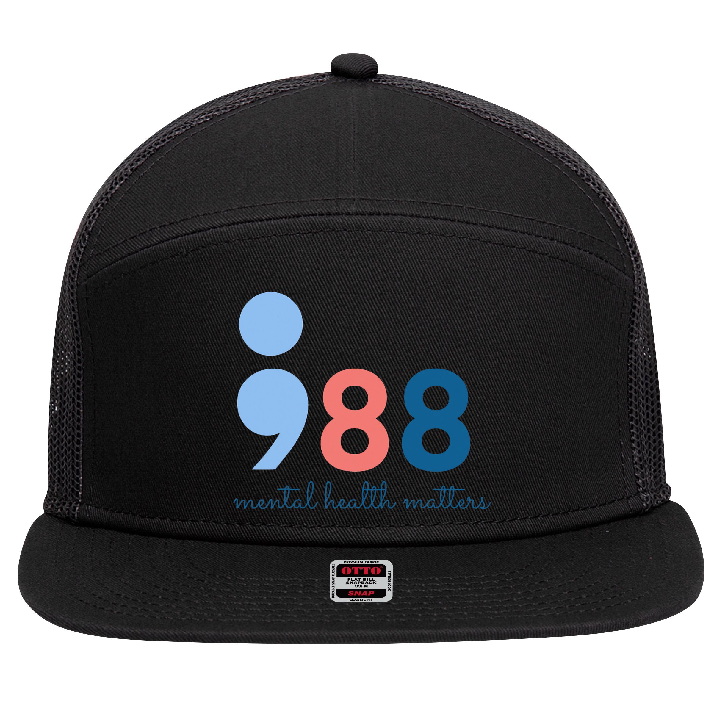Mental Health Matters 988 Suicide Prevention Awareness 7 Panel Mesh Trucker Snapback Hat