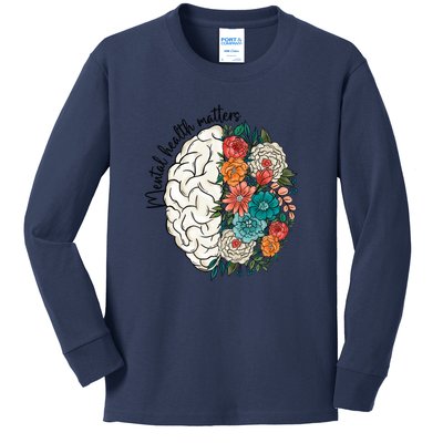 Mental Health Matters Brain Flowers Kids Long Sleeve Shirt