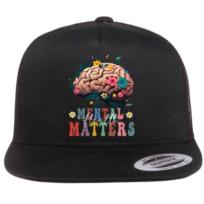 Mental Health Matters Brain Illness Awareness Vintage Groovy Flat Bill Trucker Hat