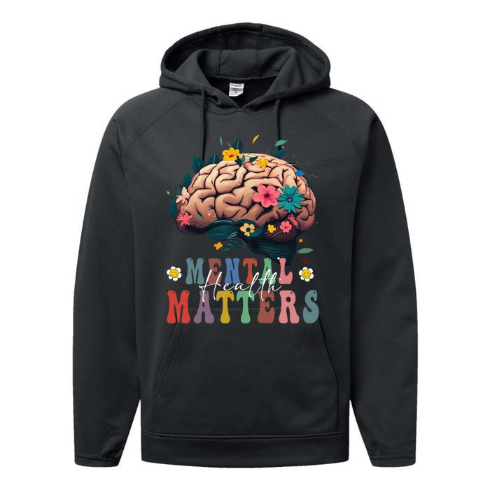 Mental Health Matters Brain Illness Awareness Vintage Groovy Performance Fleece Hoodie