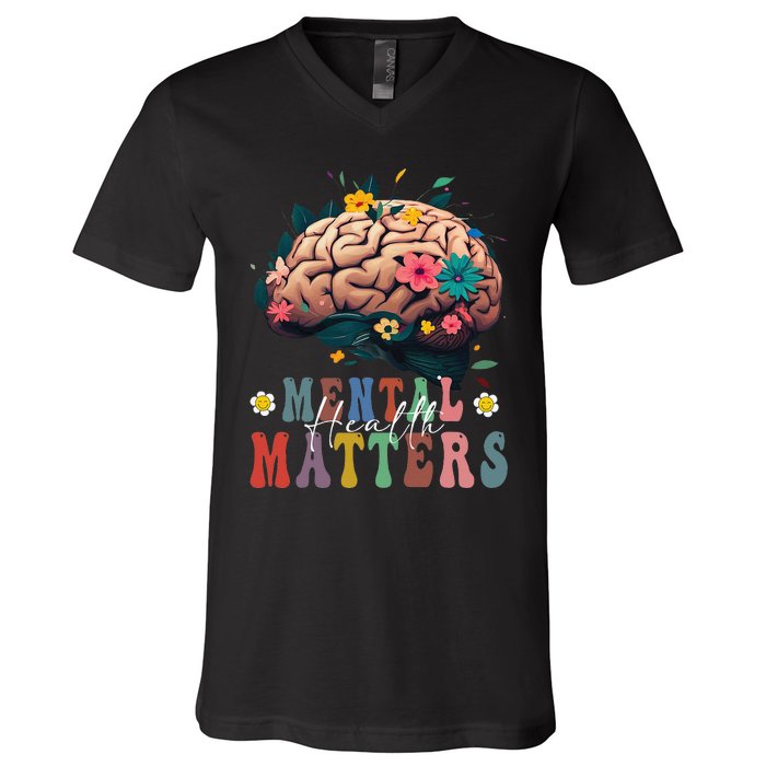 Mental Health Matters Brain Illness Awareness Vintage Groovy V-Neck T-Shirt