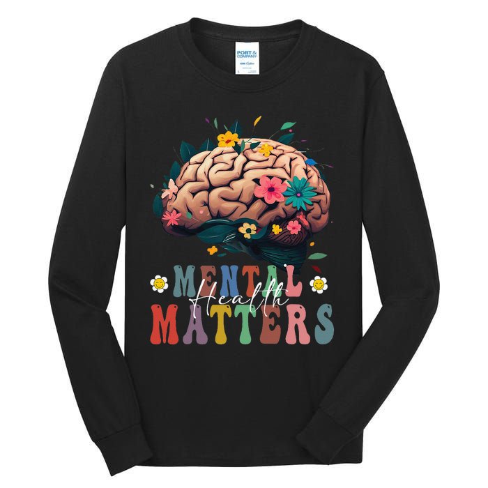 Mental Health Matters Brain Illness Awareness Vintage Groovy Tall Long Sleeve T-Shirt