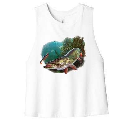 Muskie Hunter Musky Fisher Lure Fly Fishing Novelty Funny Gift Women's Racerback Cropped Tank