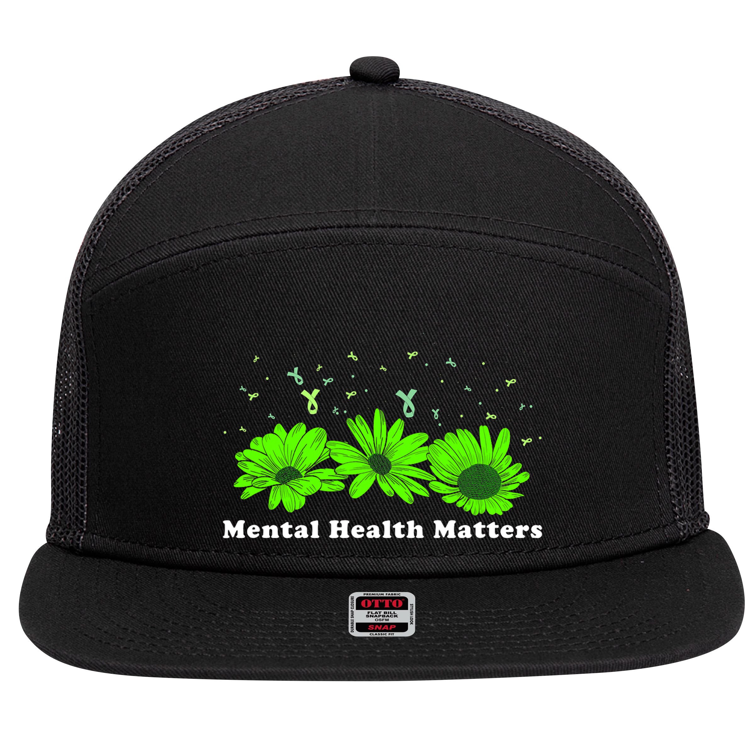 Mental Health Matters Sunflower May Green Awareness Ribbons 7 Panel Mesh Trucker Snapback Hat