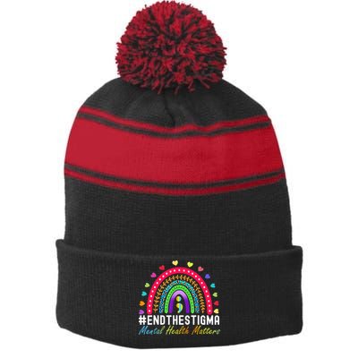 Mental Health Matters End The Stigma Rainbow Leopard Boho Stripe Pom Pom Beanie