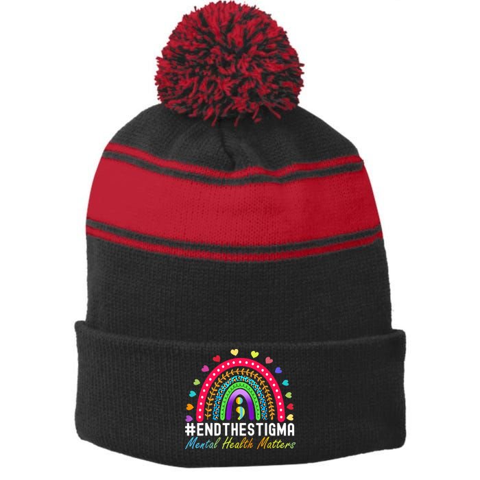 Mental Health Matters End The Stigma Rainbow Leopard Boho Stripe Pom Pom Beanie