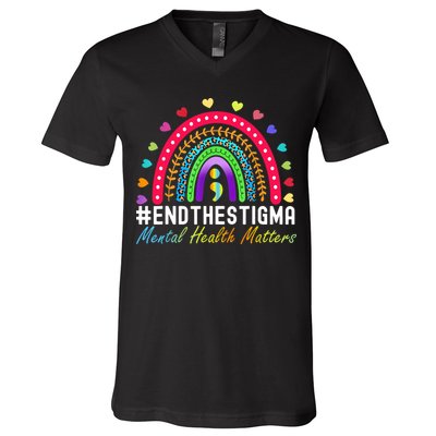 Mental Health Matters End The Stigma Rainbow Leopard Boho V-Neck T-Shirt