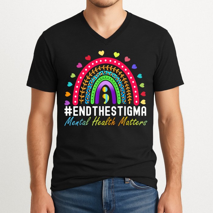 Mental Health Matters End The Stigma Rainbow Leopard Boho V-Neck T-Shirt