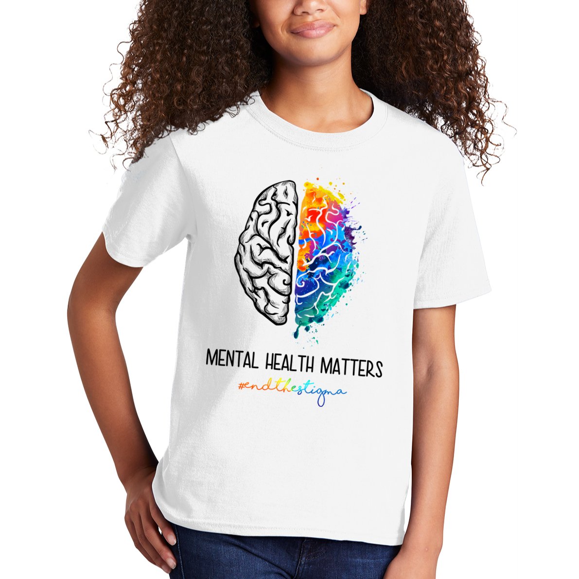 Mental Health Matter End The Stigma Colorful Brain Kids T-Shirt