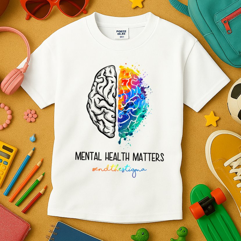 Mental Health Matter End The Stigma Colorful Brain Kids T-Shirt