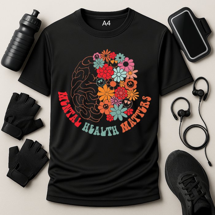 Mental Health Matters Brain Flowers Smiling Face Performance Shirt