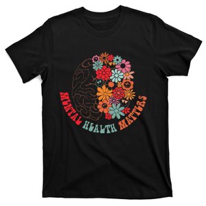 Mental Health Matters Brain Flowers Smiling Face T-Shirt