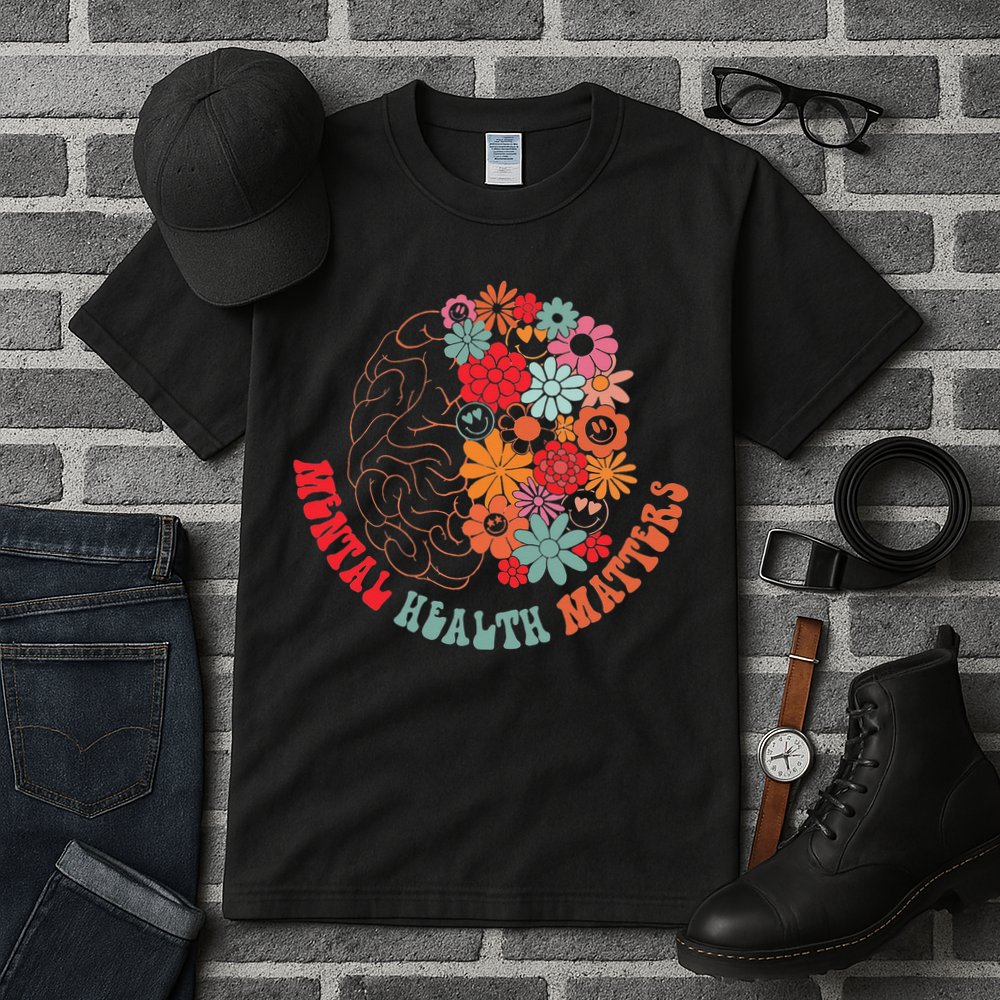 Mental Health Matters Brain Flowers Smiling Face Tall T-Shirt