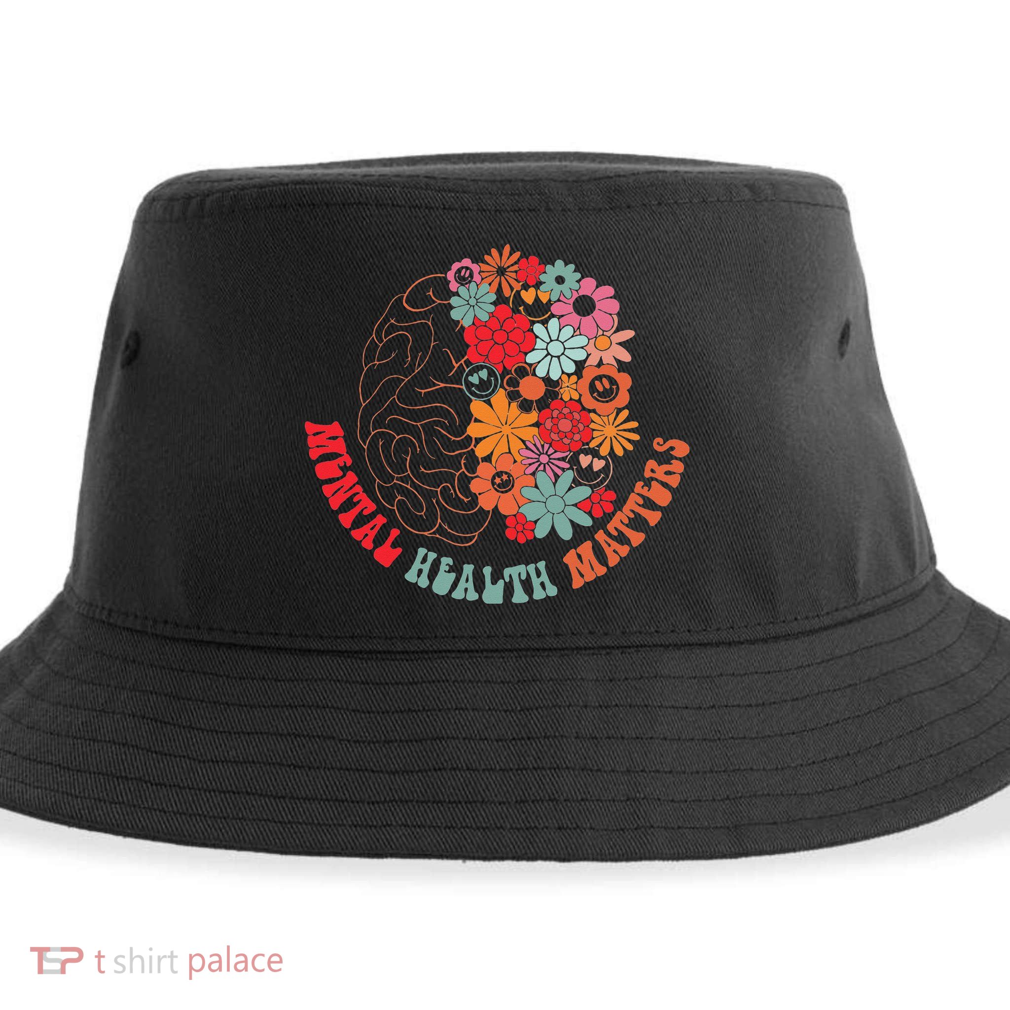 Mental Health Matters Brain Flowers Smiling Face Sustainable Bucket Hat
