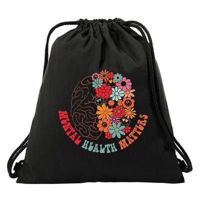 Mental Health Matters Brain Flowers Smiling Face Drawstring Bag