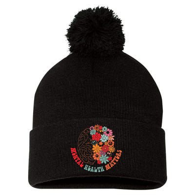 Mental Health Matters Brain Flowers Smiling Face Pom Pom 12in Knit Beanie