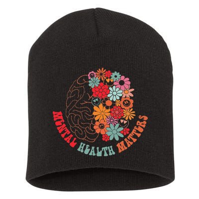 Mental Health Matters Brain Flowers Smiling Face Short Acrylic Beanie