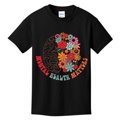 Mental Health Matters Brain Flowers Smiling Face Kids T-Shirt