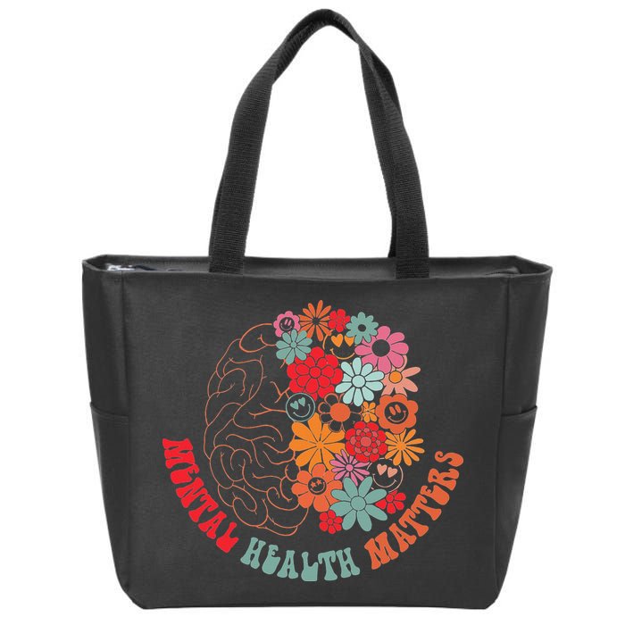 Mental Health Matters Brain Flowers Smiling Face Zip Tote Bag
