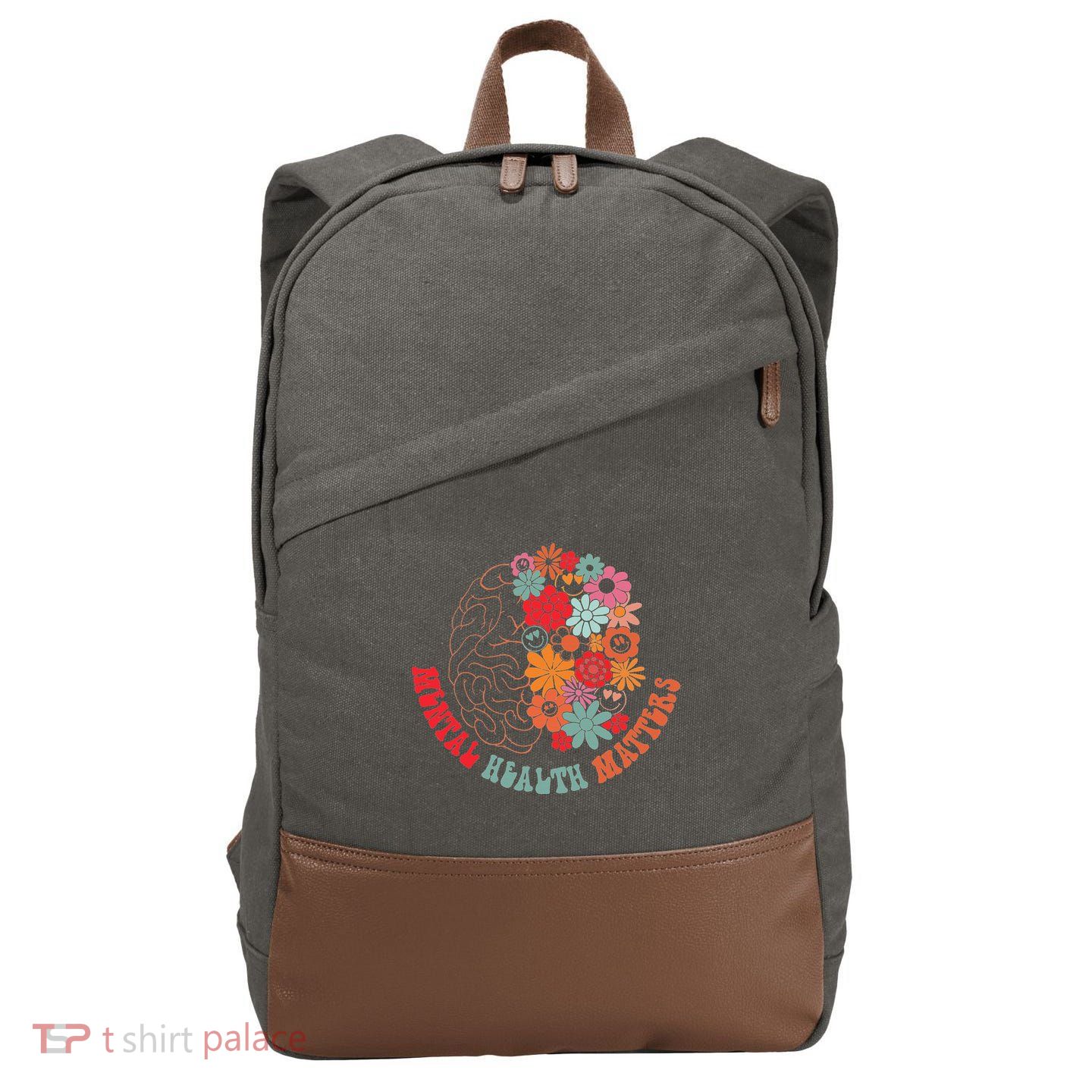 Mental Health Matters Brain Flowers Smiling Face Cotton Canvas Backpack