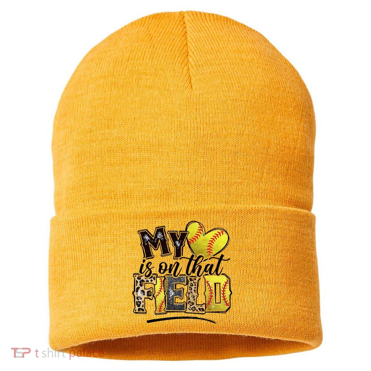 My Heart On That Field Leopard Softball Mama Mom Mothers Day Sustainable Knit Beanie