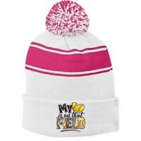 My Heart On That Field Leopard Softball Mama Mom Mothers Day Stripe Pom Pom Beanie