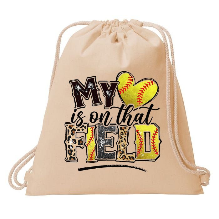 My Heart On That Field Leopard Softball Mama Mom Mothers Day Drawstring Bag