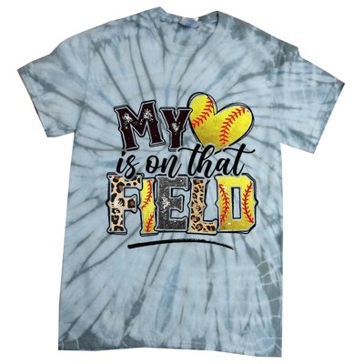 My Heart On That Field Leopard Softball Mama Mom Mothers Day Tie-Dye T-Shirt