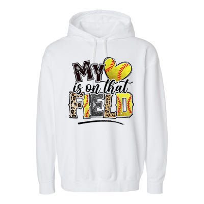My Heart On That Field Leopard Softball Mama Mom Mothers Day Garment-Dyed Fleece Hoodie