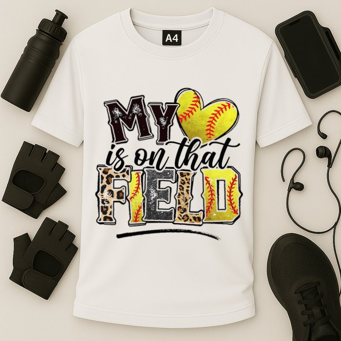 My Heart On That Field Leopard Softball Mama Mom Mothers Day Cooling Performance Crew T-Shirt