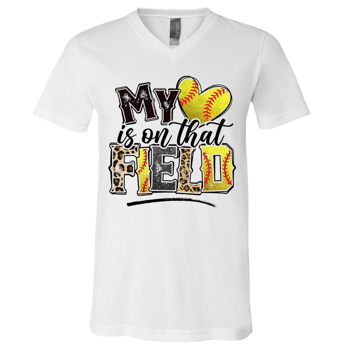 My Heart On That Field Leopard Softball Mama Mom Mothers Day V-Neck T-Shirt