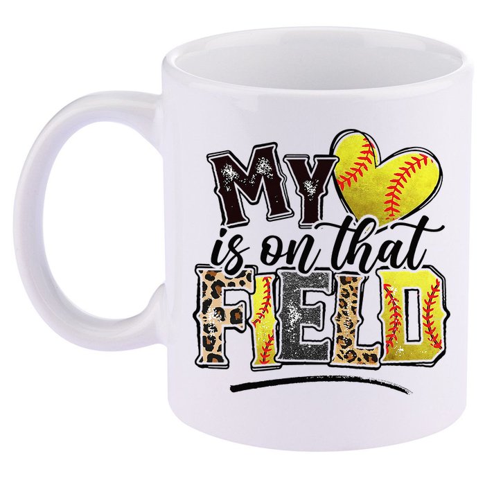 My Heart On That Field Leopard Softball Mama Mom Mothers Day 11oz C Handle Ceramic Mug