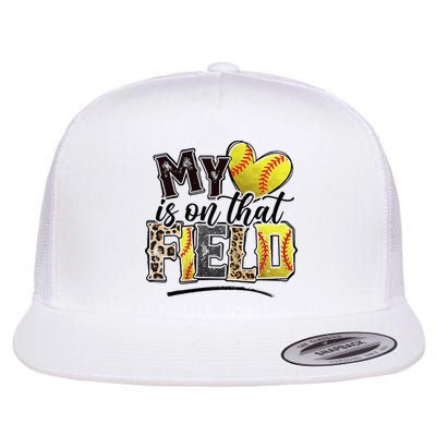 My Heart On That Field Leopard Softball Mama Mom Mothers Day Flat Bill Trucker Hat