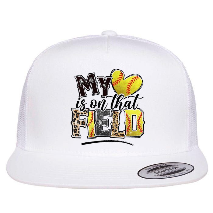 My Heart On That Field Leopard Softball Mama Mom Mothers Day Flat Bill Trucker Hat