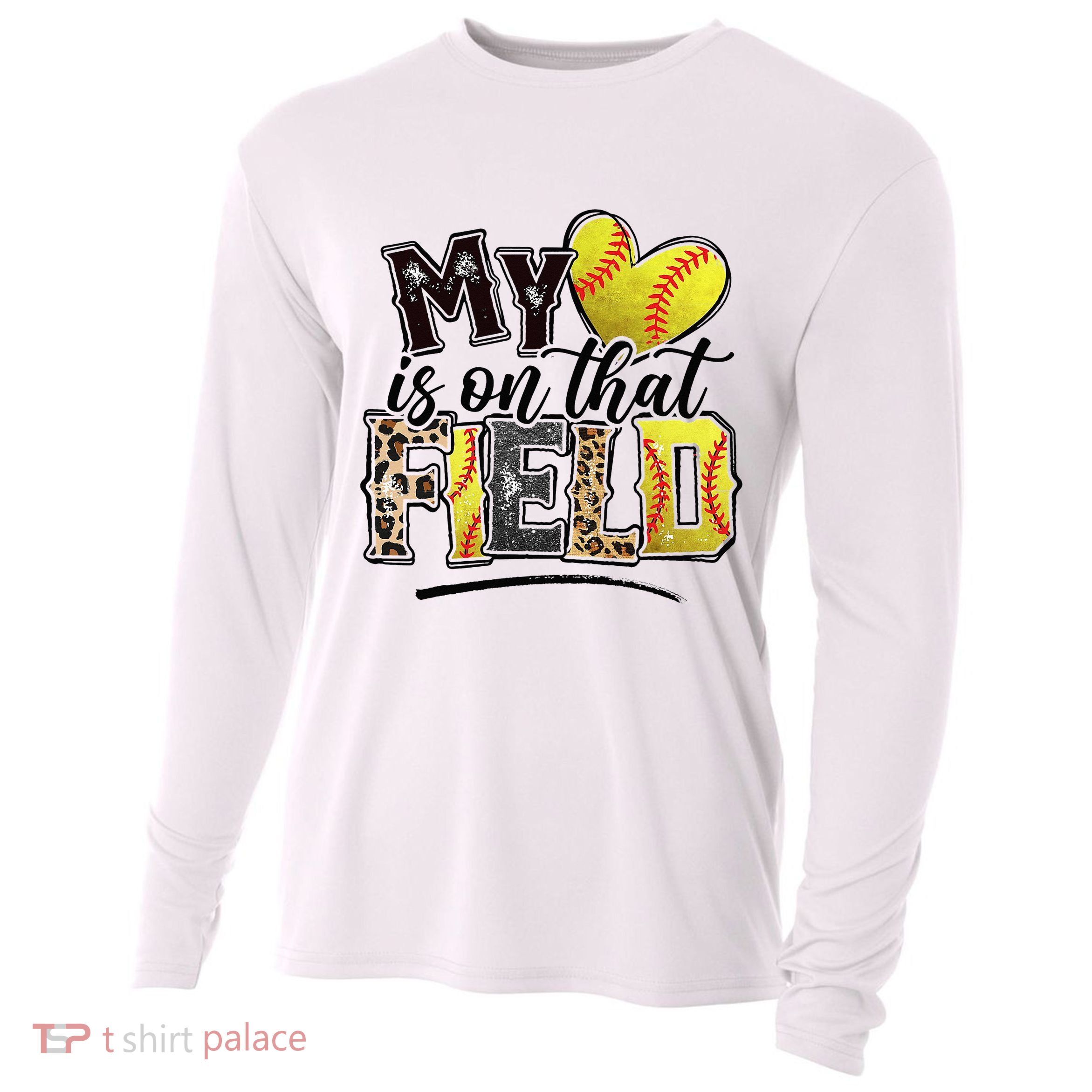 My Heart On That Field Leopard Softball Mama Mom Mothers Day Cooling Performance Long Sleeve Crew