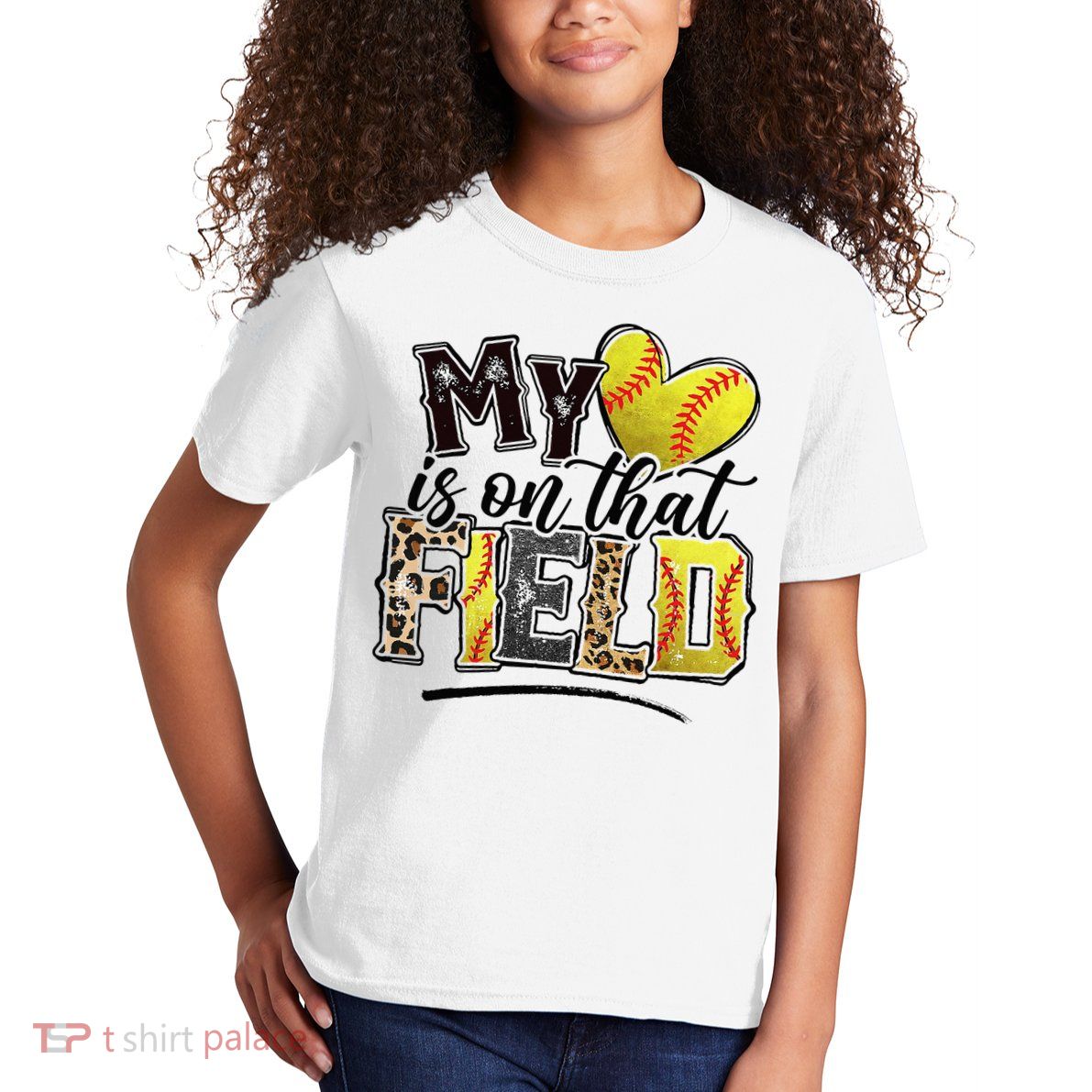 My Heart On That Field Leopard Softball Mama Mom Mothers Day Kids T-Shirt