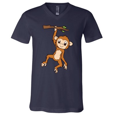 Monkey Hanging On Branch Ape Cute Monkey V-Neck T-Shirt