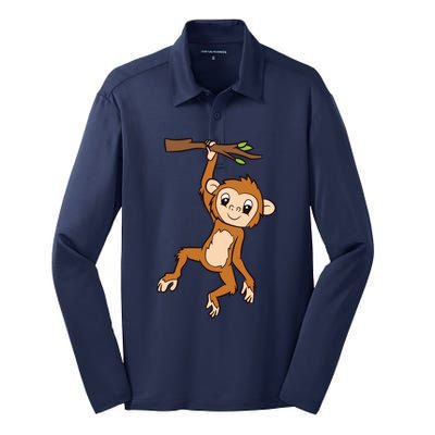 Monkey Hanging On Branch Ape Cute Monkey Silk Touch Performance Long Sleeve Polo