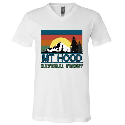 Mt Hood Oregon National Forest Trees Retro V-Neck T-Shirt